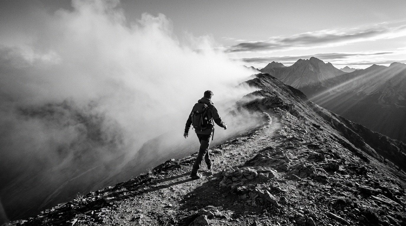 Person walking out of fog onto a clear ridge path